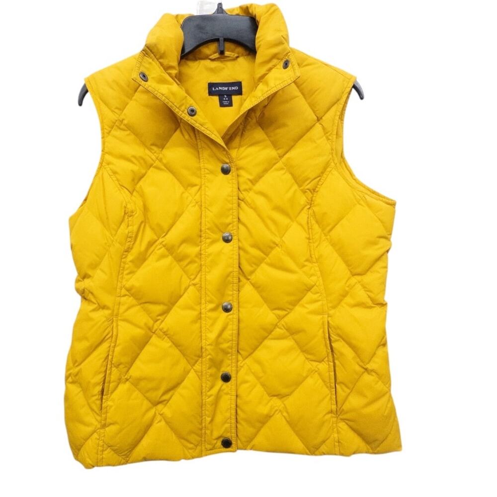 Lands End Women's Down Puffer Vest Mustard Yellow Small Snap Front